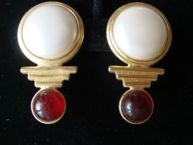 Huge Vintage Signed Ben Amun Gold Tone Faux Pearl Ruby Clip Earrings 80's Era