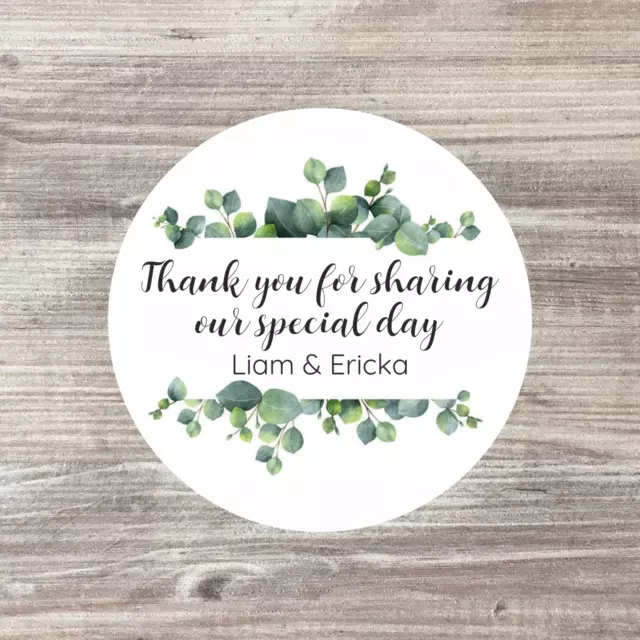 70 x Personalised Stickers, Wedding Favour Labels, Thank You, Eucalyptus, 37mm