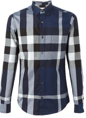 NWT BURBERRY BRIT Navy Blue Henry Trim Fit Cotton Logo Nova Check ...