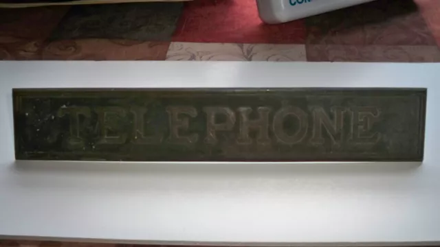 Vintage Embossed Telephone Booth Brass Cast Plate Sign Plaque Antique