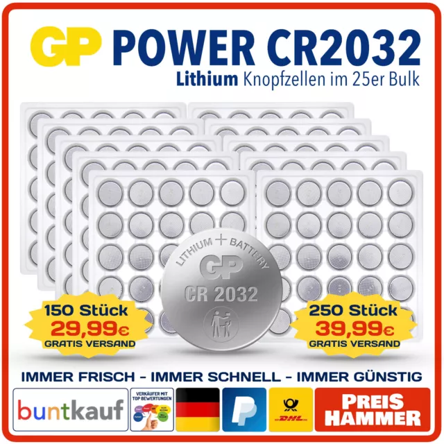 GP Knopfzellen CR2032 CR 2032 Lithium Batterie 3V Industrial 1-250 Stück