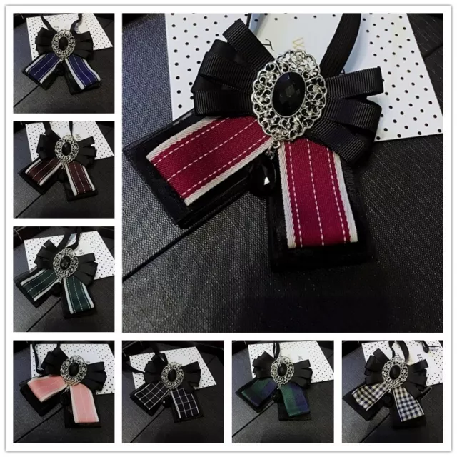 Women Crystal Bow Tie Bowknot Uniform Ribbon Stripe Check Necktie Rhinestone