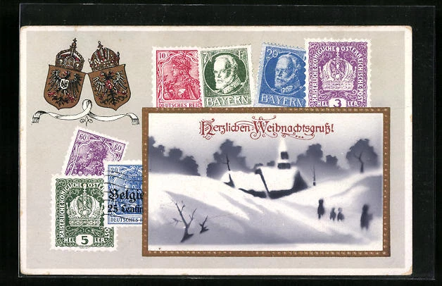 AK Weihnachtsgrüße mit deutschen, bayerischen und österreichischen Briefmarken