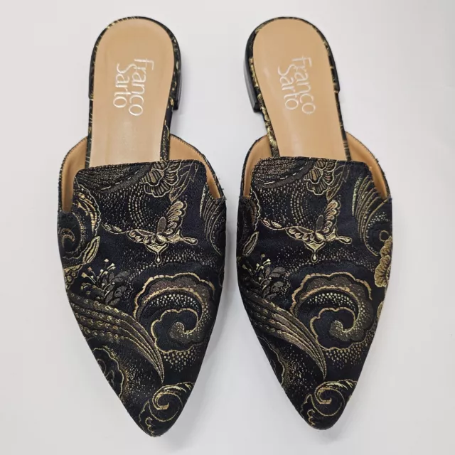 Franco Sarto Black Gold Floral Brocade Pointed Toe Slip On Mules Flats Size 7