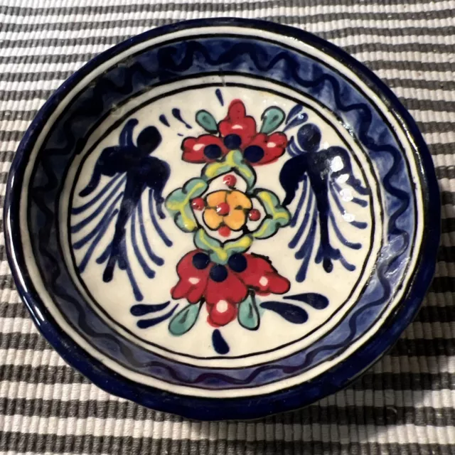 Signed Mexico Q Lead Free Pottery Bowl Trinket Dish Hand Painted