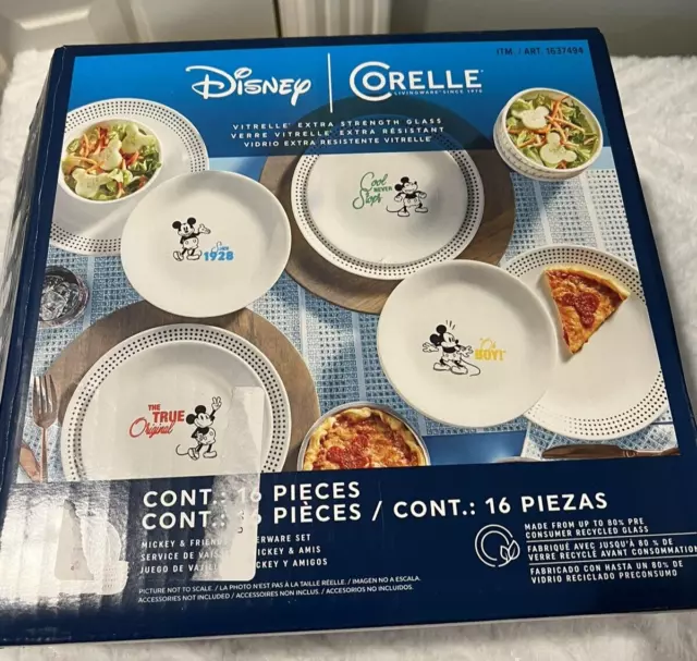 Corelle Vitrelle Micky-Mouse 12-PC Glass Dinnerware Set  (Service for 4), 10.5 Dinner Plates, 8.5 Salad Plates, 16-Oz Soup Cereal  Bowls-Disney Commemorative Series: Dinnerware Sets