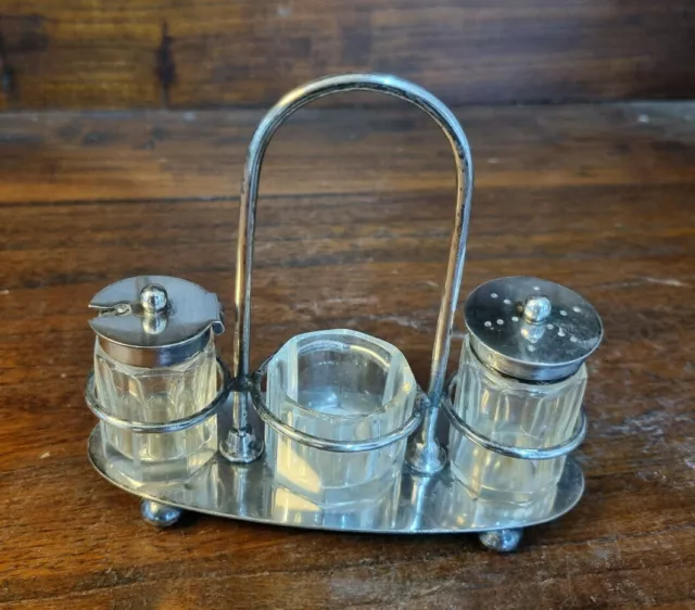 Vintage Grinsell Birmingham Small 3 Piece Cut Glass/ Silver Plated Condiment Set