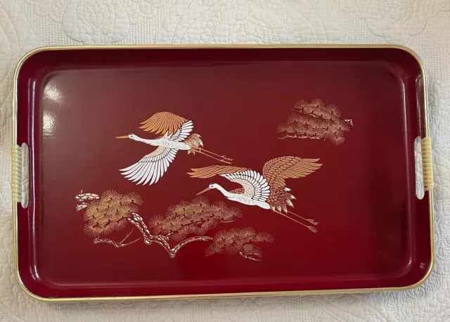 Traditional Tea Table  Red Lacquered Japanese Crane Tray Vintage  Made in Japan