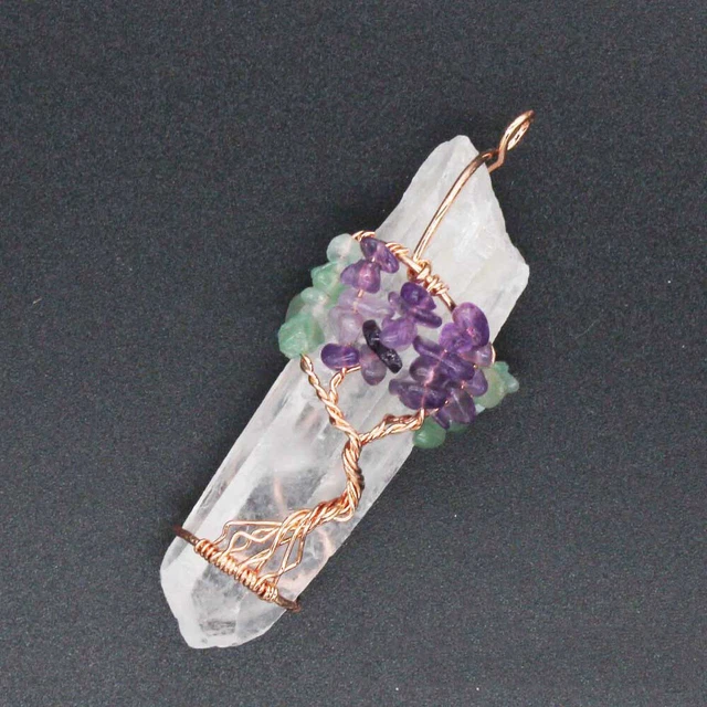 Natural Raw Stone Healing Crystal Tree of Life Wire Wrap Quartz Chakra Pendant 3