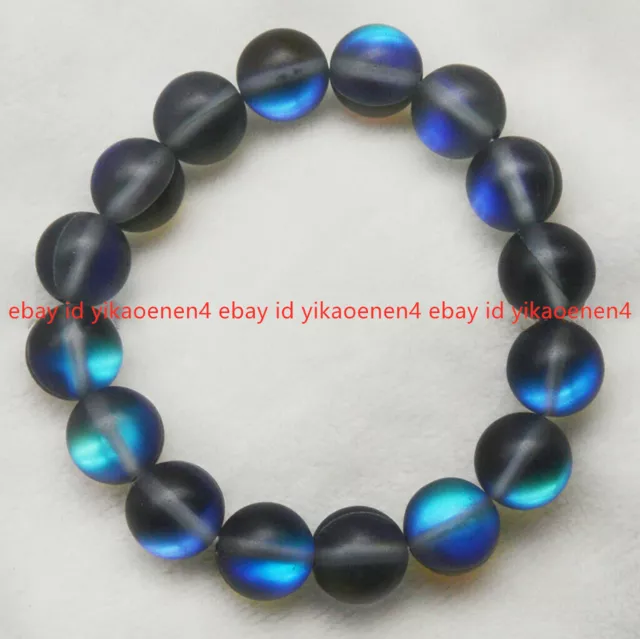 12mm Natural Gray Gleamy Rainbow Moonstone Round Gems Beads Bracelets Elasticity