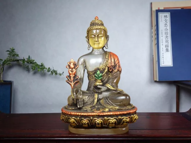 Chinese Clear Glazed Carved Sakyamuni Medicine Buddha Painted Statue Sculpture