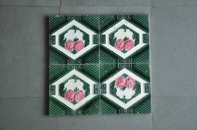 4 Pc Vintage Majolica Rose Flower Art Nouveau Architecture Tiles,Japan