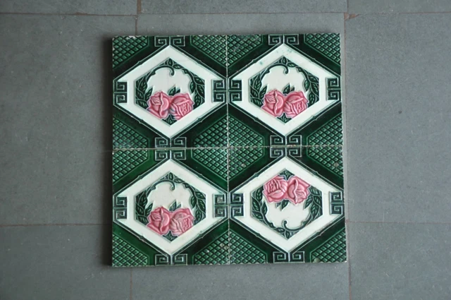 4 Pc Vintage Majolica Rose Flower Art Nouveau Architecture Tiles,Japan