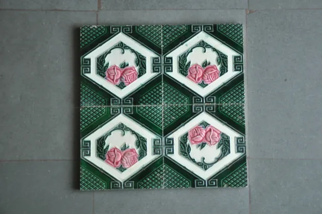 4 Pc Vintage Majolica  Rose Flower Art Nouveau Architecture Tiles,Japan