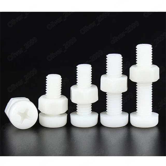 M2 M2,5 M3 M4 M5 M6 M8 Viti testa padella trasversale nylon bianco Phillips con dadi esazionali
