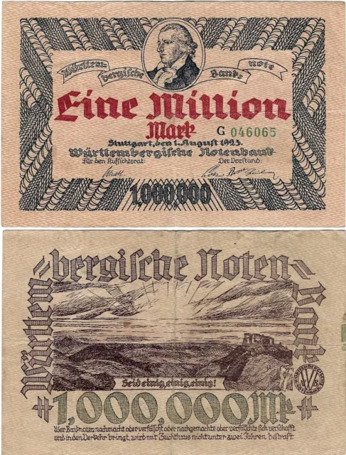 Banknote 1 Million Mark 1923 Stuttgart Baden-Württemberg WTB-18 Ro.778 P-S987