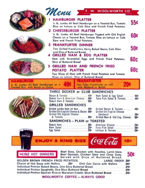 F W WOOLWORTH C Lunch Counter Menu 1960 10 00 PicClick