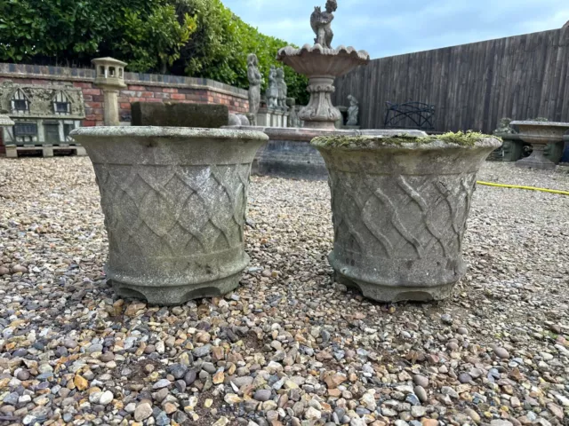 Ornate Pair of Reconstituted Stone Garden Pots/ Planters Unusual Lattice Design 3