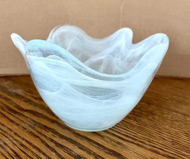 Recycled Blown Art Glass Bowl Scalloped Edges Light Blue Swirl Made In Spain