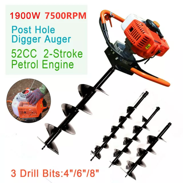 52CC/71CC Gas Power Post Hole Digger Earth Auger Borer Fence Ground Drill 3 Bits