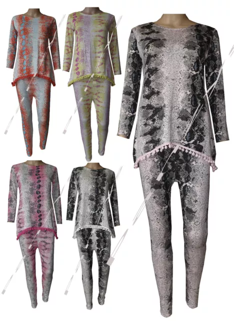 Girls Kid's Snake Print Pom Pom Tracksuit Loungewear 2 piece suit Ages 2-13 yrs
