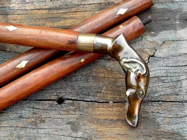 Victorian Solid Brass Dog Head Handle Round Wooden Walking Stick Cane Men Choice 3
