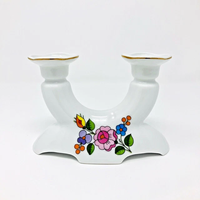 Vintage Hungarian Porcelain Double Candle Holder Kalocsa Design Handpainted