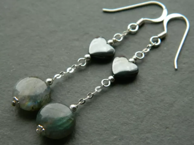 Grey Labradorite Coin Gemstones, Hematite Hearts & 925 Sterling Silver Earrings