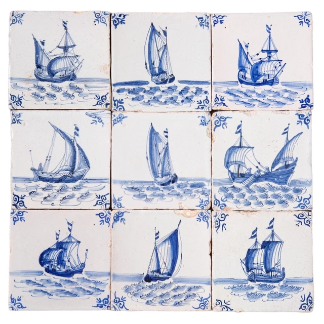 Nice field of 9 Dutch Delft Blue tiles, sailboat, 17th century.