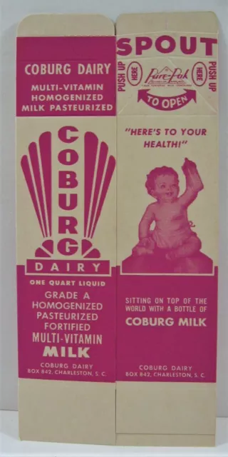 Vintage Coburg Dairy Waxed Milk Carton Charleston S.C. Old Unused Store Stock