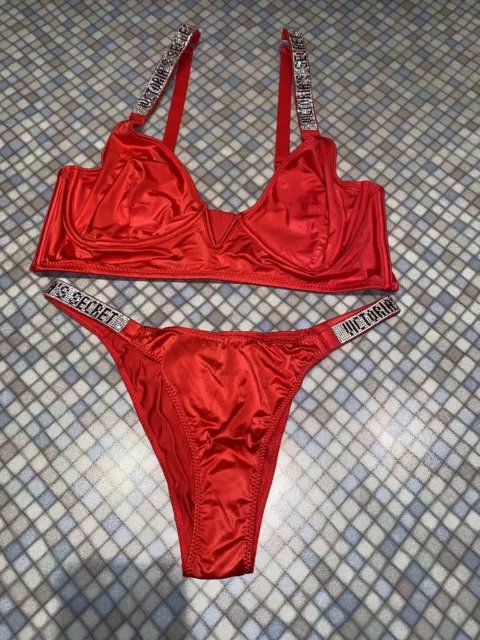 VICTORIA'S SECRET RED Unlined Shine Strap 2 Piece Set Bra Bikini