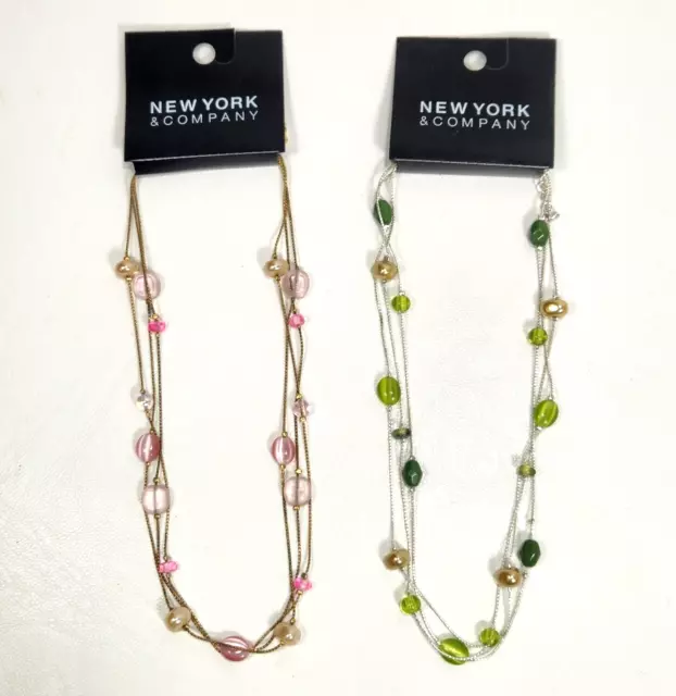 New York & Co Necklace Lot of 2 Gold Silver Tone 16" Station Pink Green Moonglow