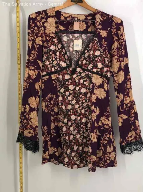 Free People Womens Purple Floral Long Sleeve Pullover Tunic Blouse Top Size S