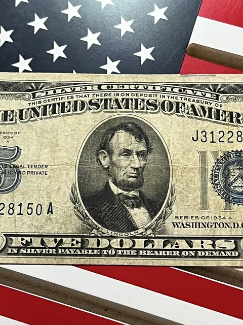 1934 A $5 Five Dollar Silver Certificate Blue Seal Nice Note J31228150A 3