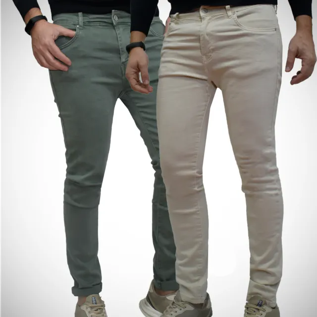 Jeans uomo Slim Fit elasticizzato Pantaloni Casual Beige Verde Basic moda Skinny