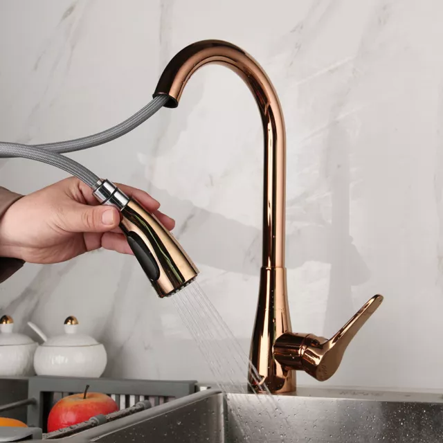 Arc Rose Gold Pull Out Kitchen Sink Mixer Tap Swivel Spout Single Handle Faucet