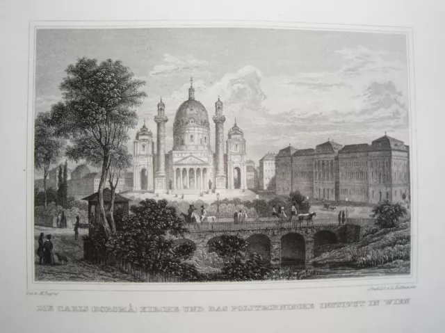 Vienna Karls Chiesa Politechnik Austria Magnifico Vecchio Incisione Acciaio 1842