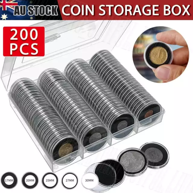 200Pcs Coin Storage Box Case 20MM 27mm 30mm Capsules Holder Plastic Clear Round