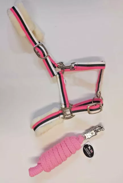 Soft Fleece Padded Nylon Headcollar & Cotton Lead 3-Tone Halter Cob/Pony - Pink