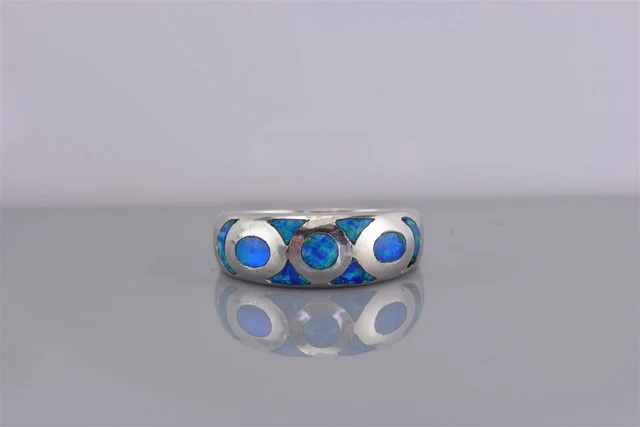 Sterling Silver 8mm Mosaic Opal Inlay Rounded Solid Band Ring 925 Sz: 9