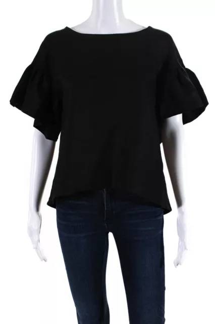 Eliza Faulkner Womens Linen Ruffled Sleeve Crew Neck Blouse Top Black Size S