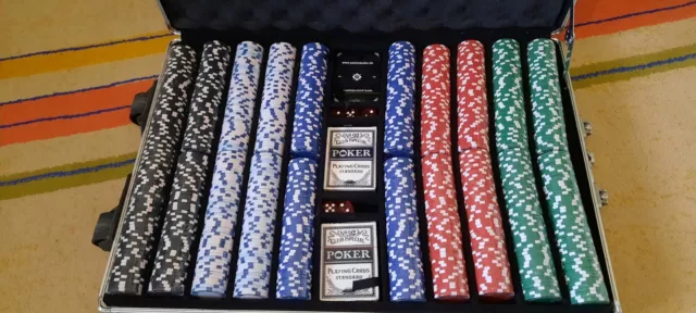 Pokerkoffer Poker Set Pokerset 1000 Pokerchips Alu Roll-Koffer silber NEU