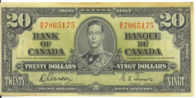 Bank of Canada 1937 $20 Twenty Dollars Gordon-Towers B/E Prefix Good VF++