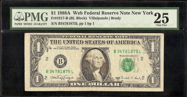 KEY 1988A $1 DOLLAR BILL B-L BLOCK WEB FED EXPERIMENTAL PRESS NOTE Fr 1917-B PMG
