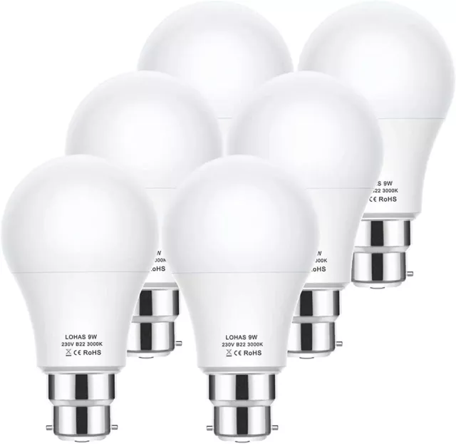 B22 LED Bulb Bayonet 9W LED LOHAS Bayonet Light Bulb 820LM 60W Equivalent Pack 6