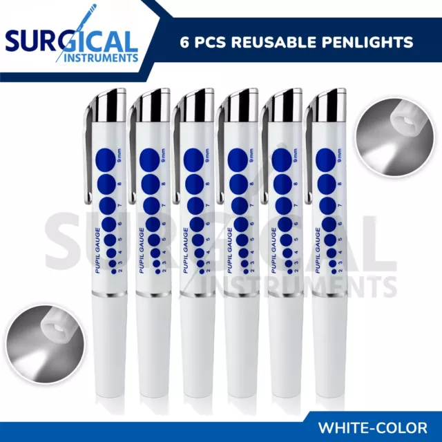 6 Pcs LED Medical Diagnostic Reusable Penlight + Pupil Gauge + AAA Batteries