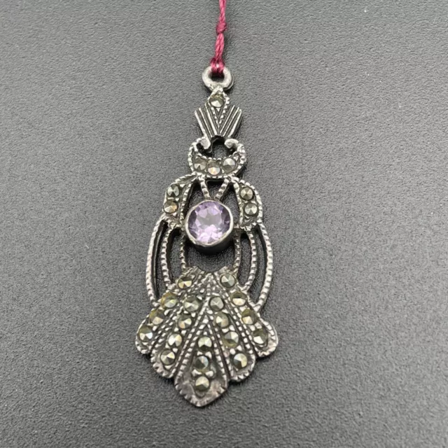 Art Deco Jewellery Pendant 925 Silver Amethyst Stone with Marcasite Detail