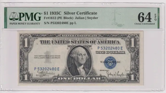 Fr 1612 1935C $1 SC P53202480E PMG 64EPQ CH CU 1935-C Silver Certificate