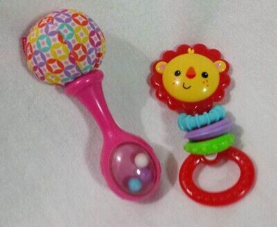 Lot/ 2 Fisher Price Rattle & Teether- Maracas Musical/Lion Ring Infant Baby Toy