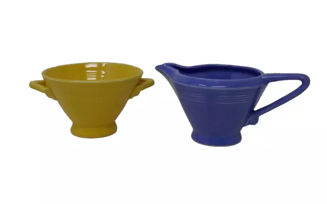 Homer Laughlin Fiesta Harlequin Yellow Sugar Bowl & Mauve Blue Creamer